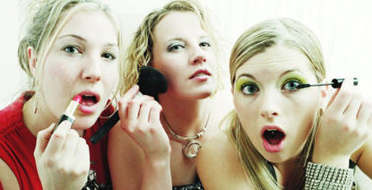 putting on make-up girls women mirror